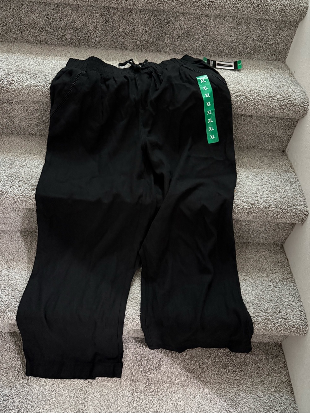 Black Linen Wide-Leg Drawstring Pants